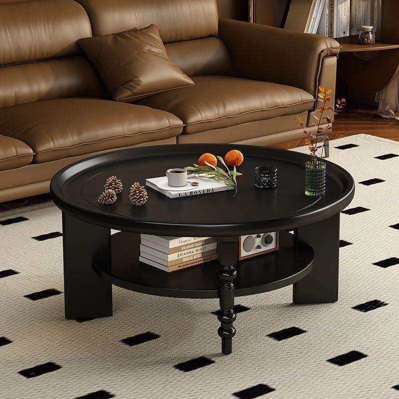 法式全实木茶几圆形茶桌小户型小桌子中古风家用客厅复古新款茶几