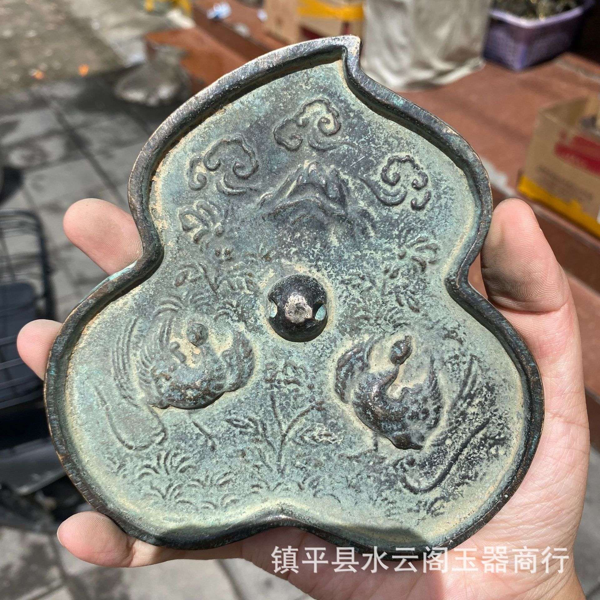 古玩铜器仿古铜凤铜镜 葫芦形状铜镜 家居工艺品摆件电影道具