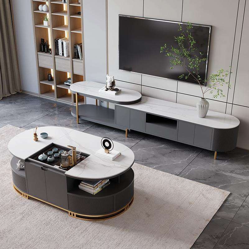岩板智能升降茶几带茶台一体现代化轻奢客厅小户型圆形茶几电视柜