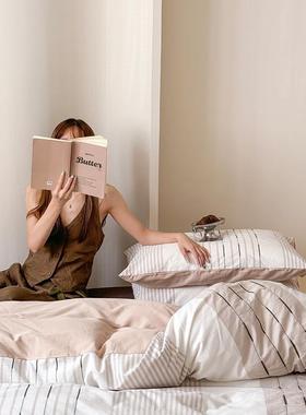 日式A类母婴条纹全棉色织提花四件套人字纹床单纯棉民宿床品套件1