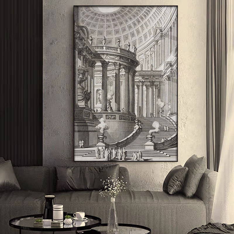 城市古建筑落地装饰画黑白艺术风景素描创意现代简约客厅卧室挂画