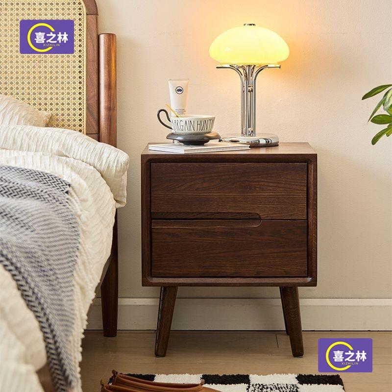 胡桃色双抽储物柜床边柜工厂直销头柜全实木复古风家用简约橡木床