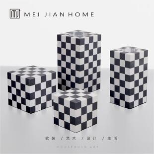 现代创意黑白格子大理石正体花器几何桌面摆件样板房电视柜装饰品