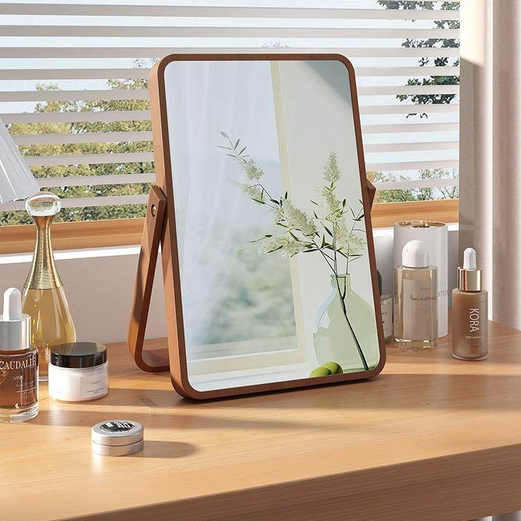 家用简约实木化妆镜台式桌面可折叠梳妆镜女卧室大号随身便携镜子