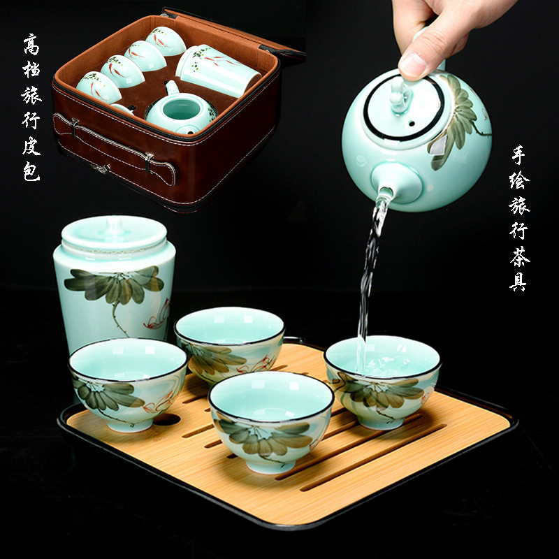 青瓷手绘茶具家用日式简约办公干泡茶盘小型便携旅行茶壶茶杯套装