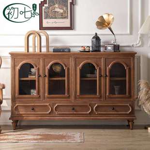 中古风书房装 饰储物柜玻璃门防尘柜胡桃木色复古玄关柜家用收纳柜