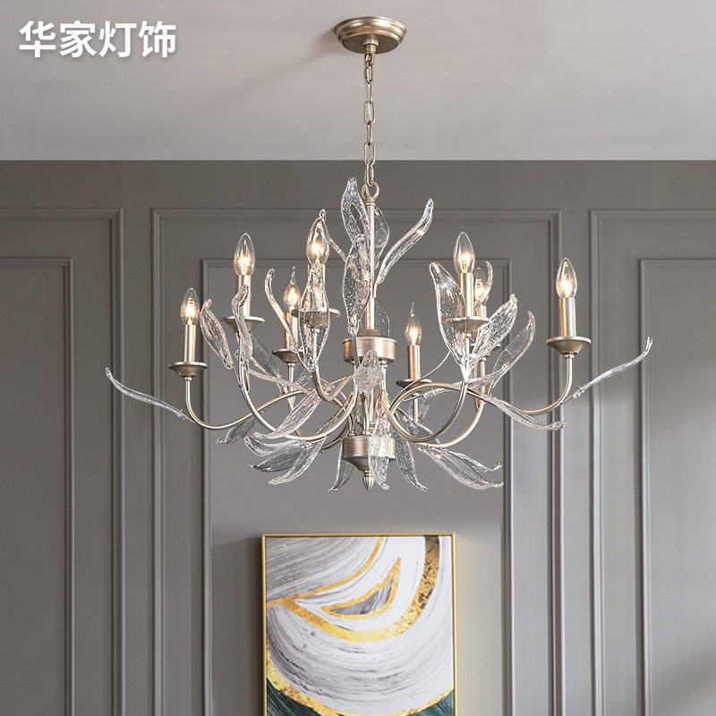美式乡村吊灯家用客厅吊灯创意卧室灯具玻璃叶子复古银法式餐厅灯