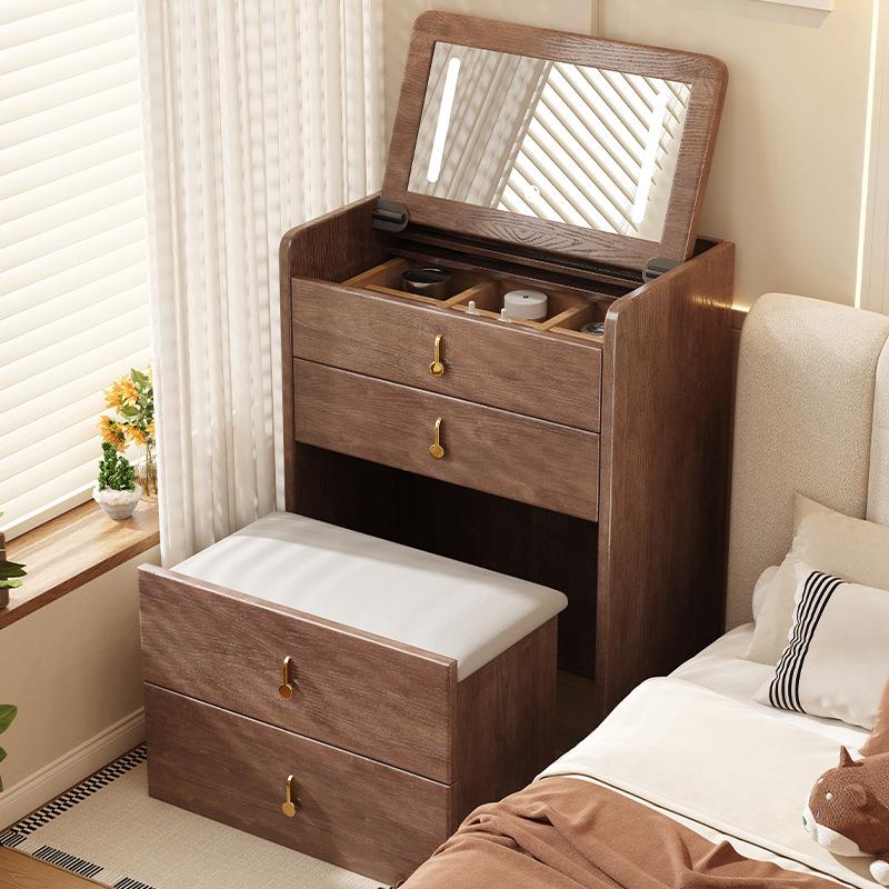 小户型实木梳妆台卧室床边收纳柜一体翻盖带妆镜化妆桌简易床头柜