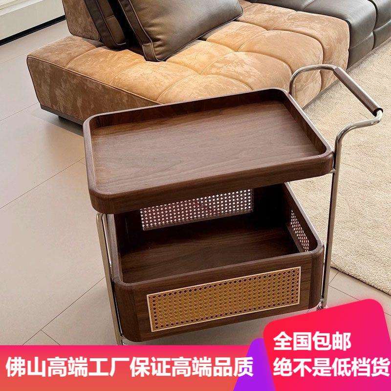 中古风黑胡桃白蜡木可移动茶几带轮静音轮客厅藤编置物边柜茶几