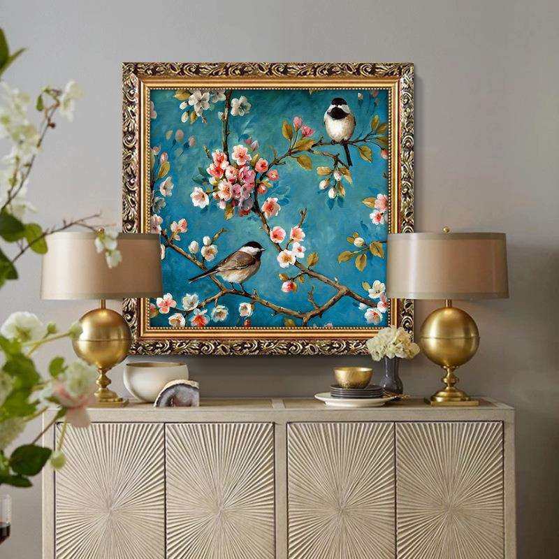 喜上眉梢挂画美式餐厅装饰画欧式卧室床头画复古客厅饭厅花鸟壁画