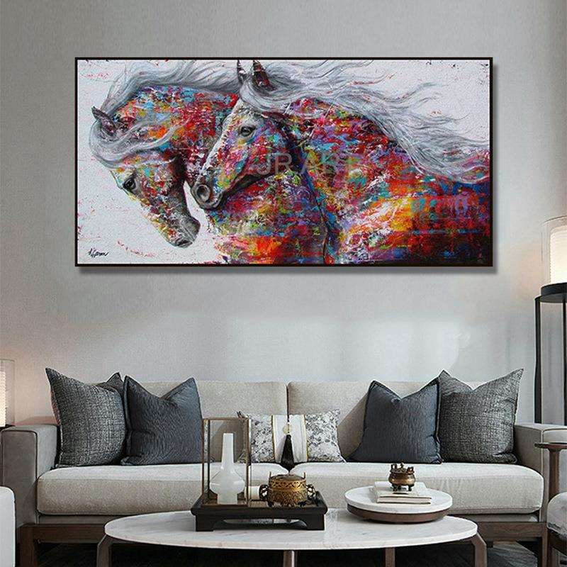 动物骏马高清喷绘平面画简约现代客厅大幅装饰画横幅抽象画床头画