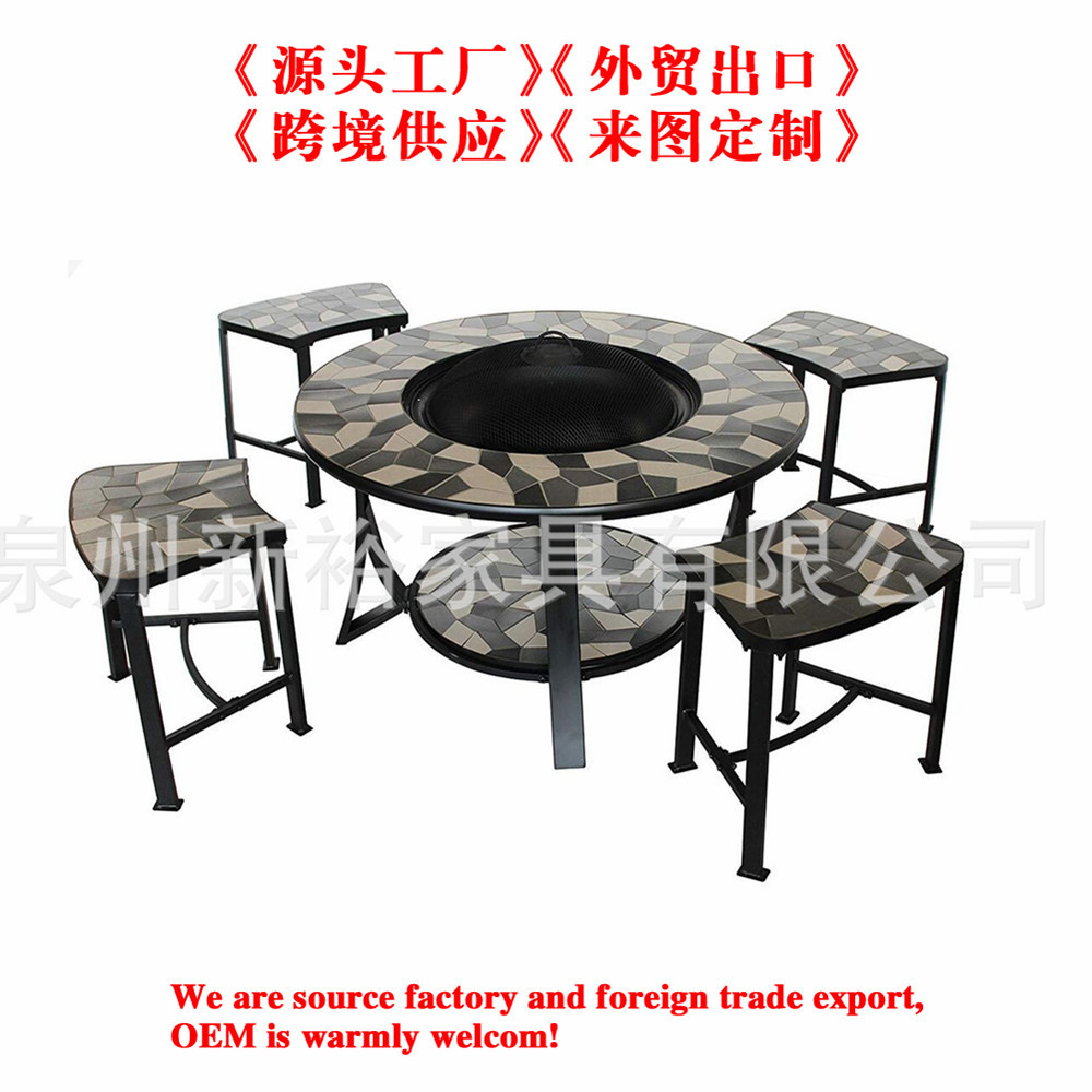 亚马逊新品圆形马赛克黑色灰色瓷砖火盆和4个椅子36×24×18英寸