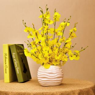 黄色跳舞兰桃花客厅结婚订婚摆件乔迁小盆栽绢布装饰花艺