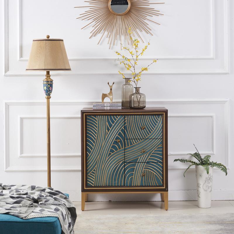 至高美式乡村玄关柜三斗柜胡桃色实木抽屉柜蓝色线条装饰柜子