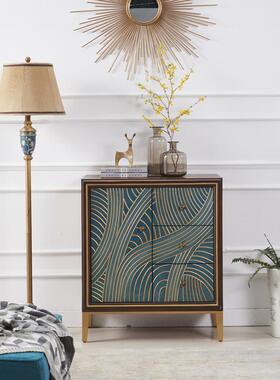 至高美式乡村玄关柜三斗柜胡桃色实木抽屉柜蓝色线条装饰柜子