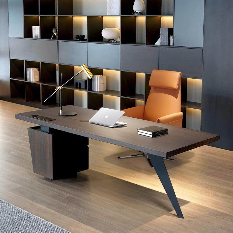 意式极简约现代轻奢高端烟熏木书桌办公桌写字台书房家用电脑桌