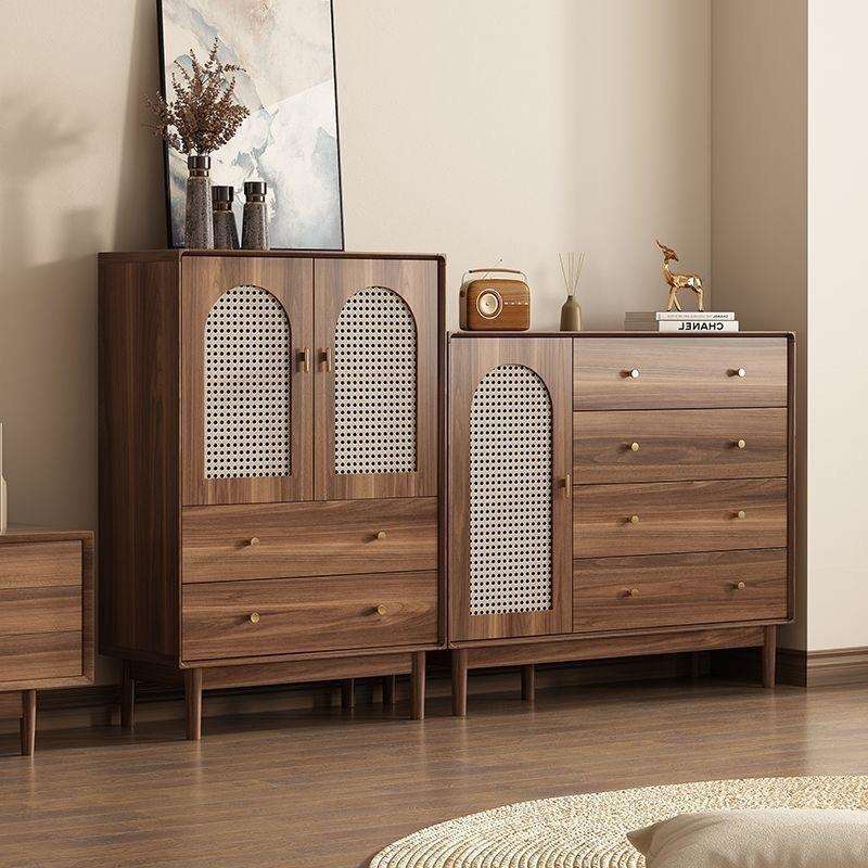 fLE卧室斗柜仿藤编收纳柜床尾电视柜靠墙实木色多功能储物抽屉柜