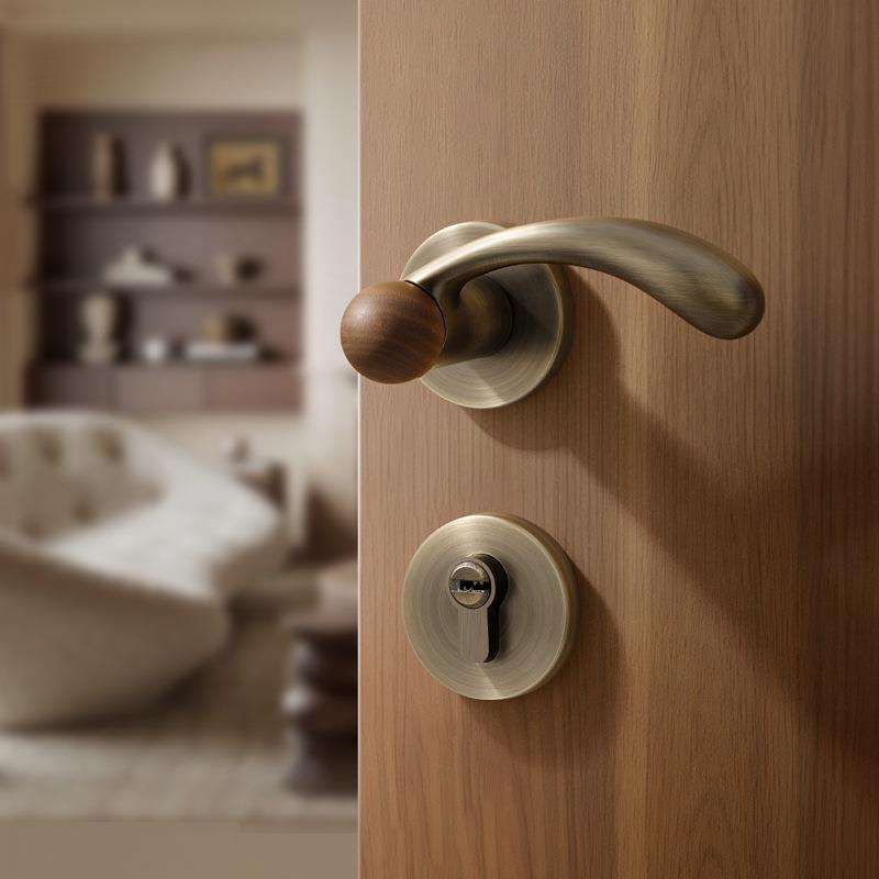 复古卧室门锁室内木门分体房门锁古铜色家用房间磁吸中古风门把手