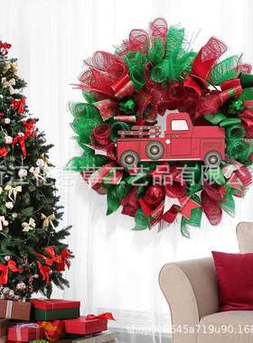 新款2023圣诞红色小卡车花环前门挂饰圣诞节装饰门挂节日派对道具