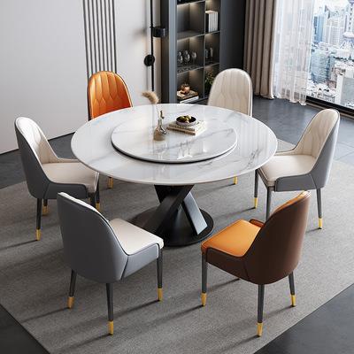 轻奢岩板亮光餐桌椅组合现代简约家用小户型圆桌带转盘圆形吃饭桌