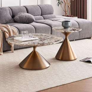 天然奢石茶几客厅家用轻奢圆形大理石面茶几桌设计师不锈钢小圆几