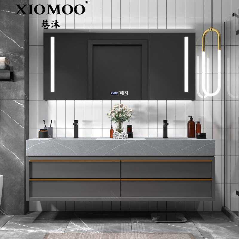 岩板实木双盆浴室柜组合轻奢现代简约智能镜洗手台盆卫生间洗漱台