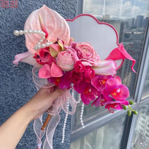 G3V折扇新中式手捧仿真花新娘结婚新中式手捧花古式家居摆放团扇