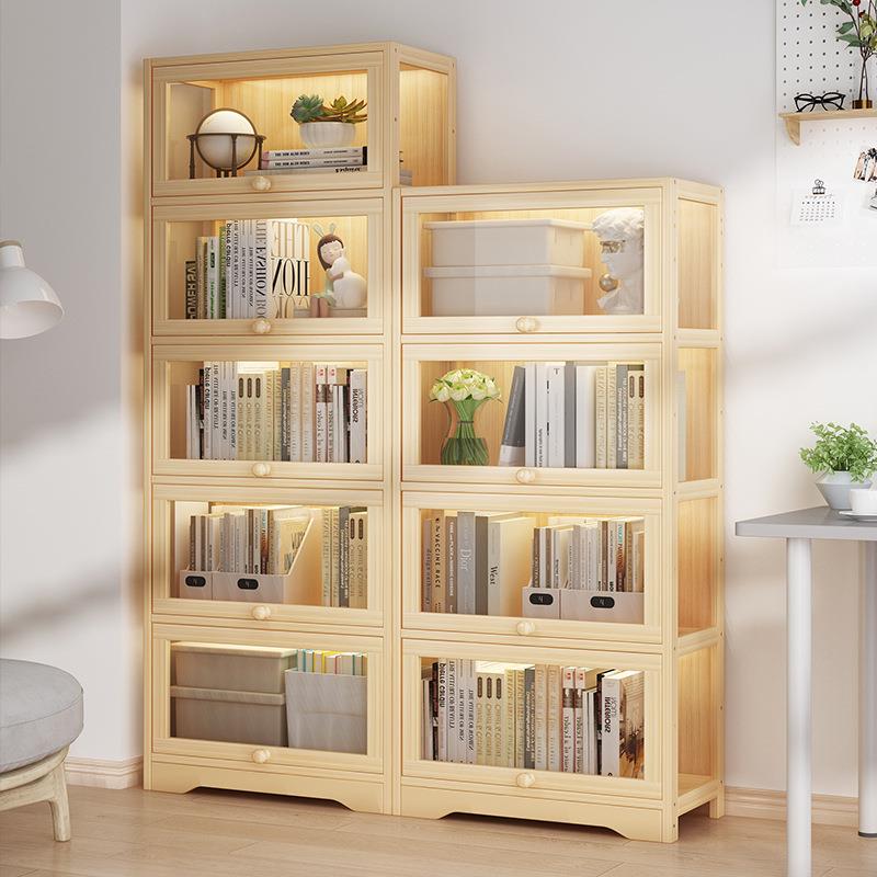 实木带门书架落地多层靠墙置物收纳架家用简易儿童书柜书房储物柜