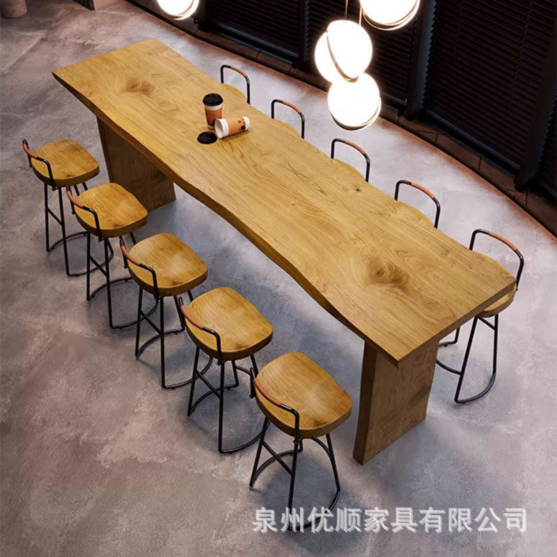 不规则边实木吧台桌休闲靠墙奶茶店桌椅阳台长条高脚桌家用客厅