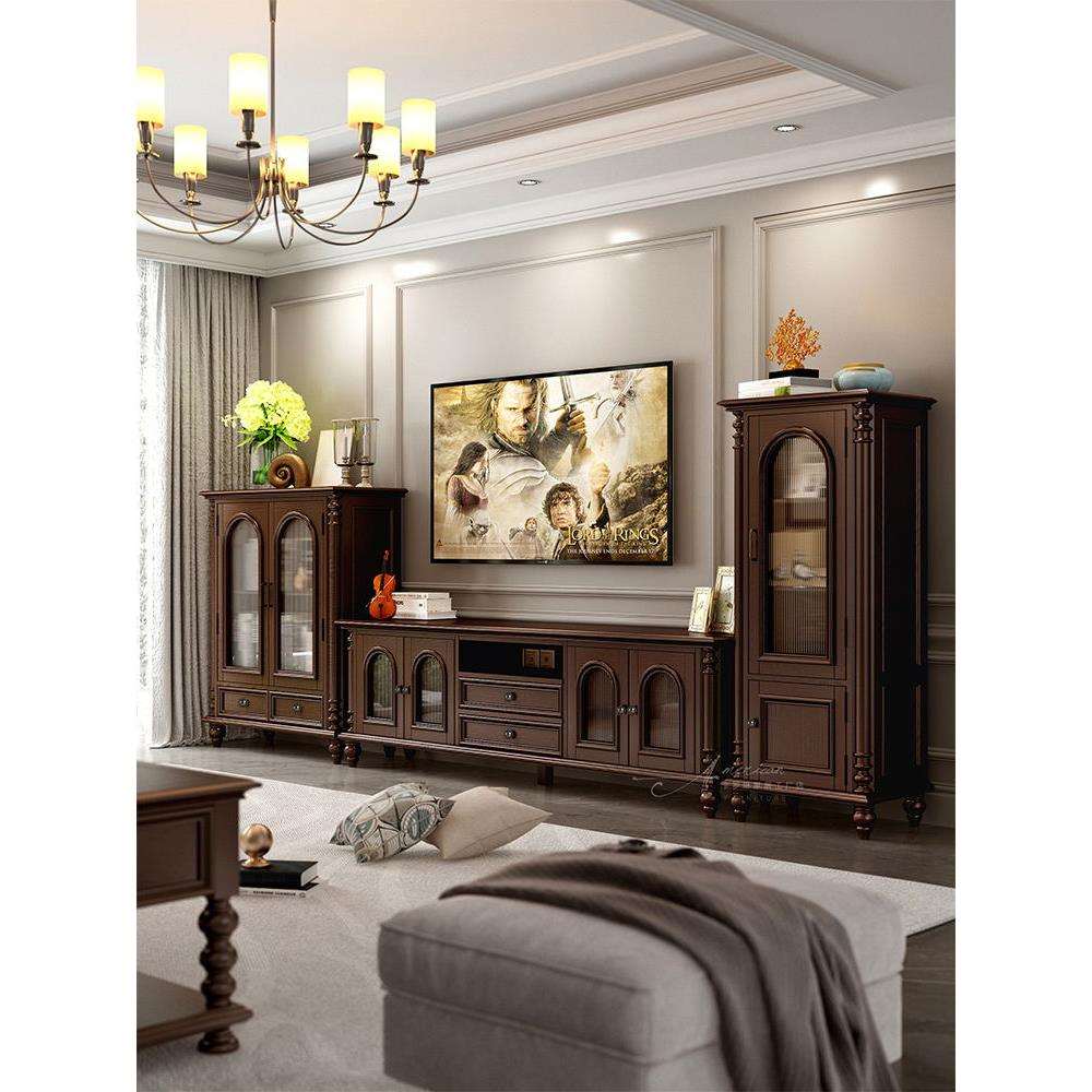 美式全实木电视柜茶几组合胡桃色影视柜客厅白蜡木家具复古风柜子