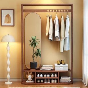 实木挂衣架落地卧室家用房间衣帽架穿衣镜一体入户客厅衣架带镜子