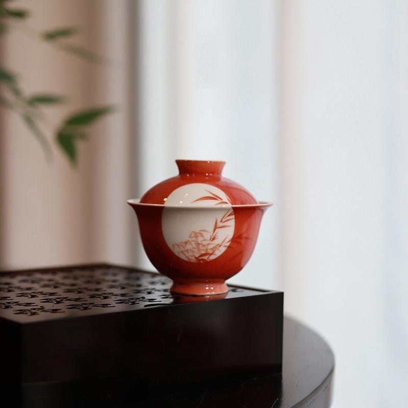 翌日釉下彩纯手绘二才盖碗矾红晴窗清欢盖碗竹子文人泡茶碗陶瓷