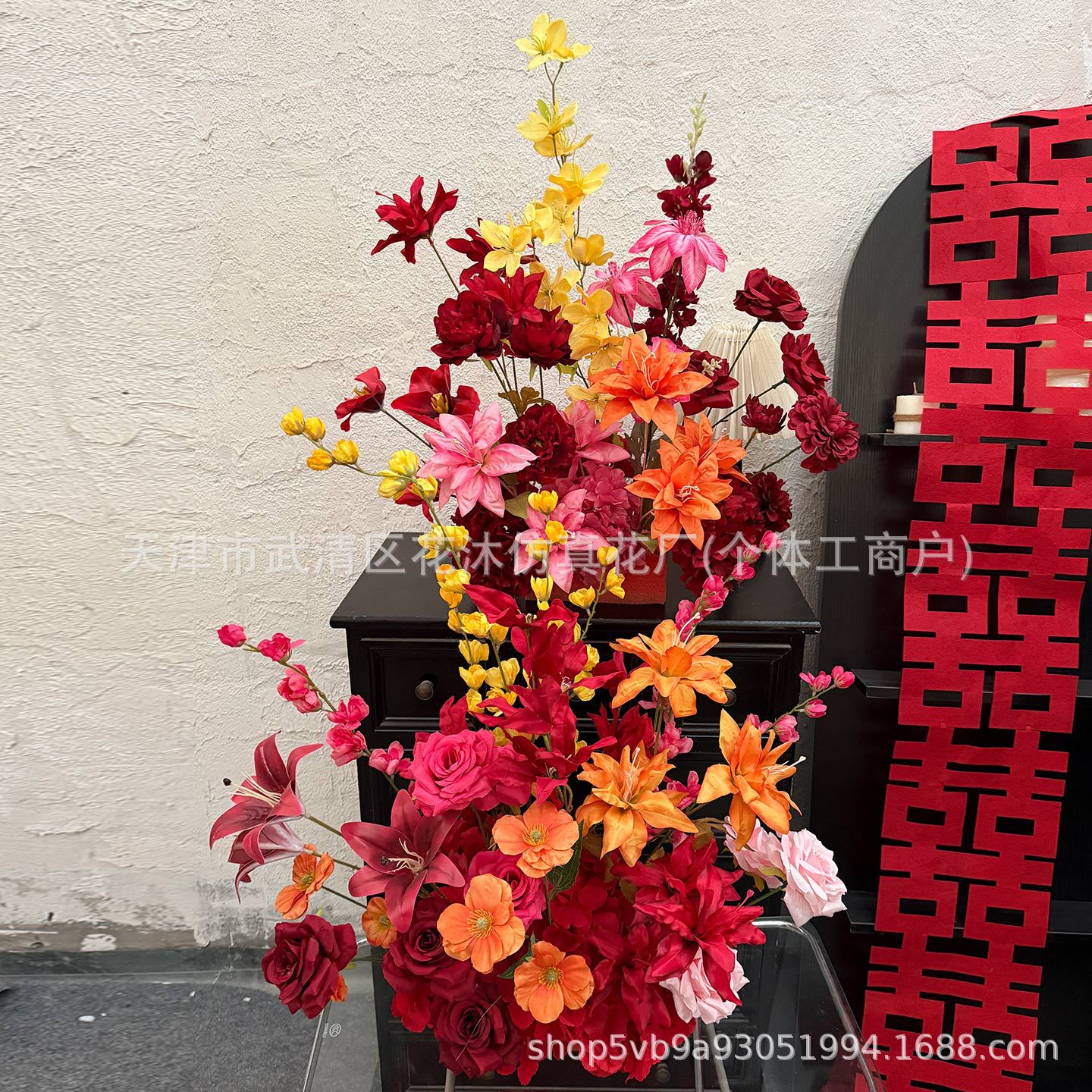红色新中式结婚浪漫婚礼布置花艺婚房卧室客厅床头仿真花桌面摆件