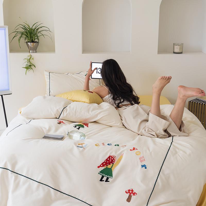 100支全棉四件套｜A类高颜值双拼刺绣花纯棉床上用品丝滑春夏1.8