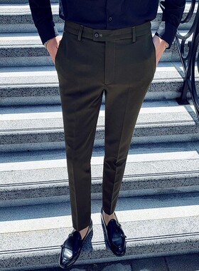 男士坠感白色西装裤2021新款春秋直筒商务长裤子男修身小脚休闲裤