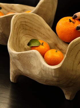 侘寂风实木托盘家用元宝果盘串珠收纳架复古木头摆件桌面茶室茶盘