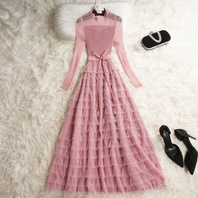 藕粉色蕾丝长裙礼服裙高级质感长袖法式小众超好看蛋糕裙连衣裙女