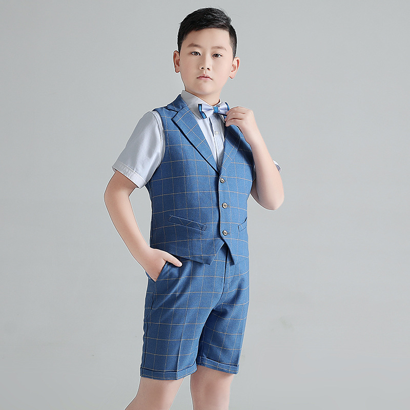 儿童西装大码加大胖男童西服格子花童礼服初中生主持人钢琴演出服