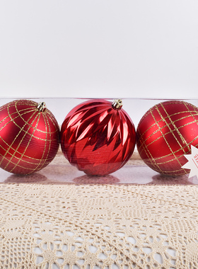 节庆装饰用品15CM红色金纹彩绘圣诞塑胶球圣诞树场景布置吊球挂件