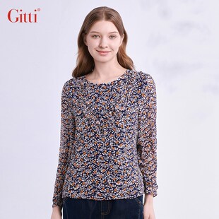 Gitti/吉蒂秋款花边拼接灯笼袖上衣女宽松大码圆领T恤G245014