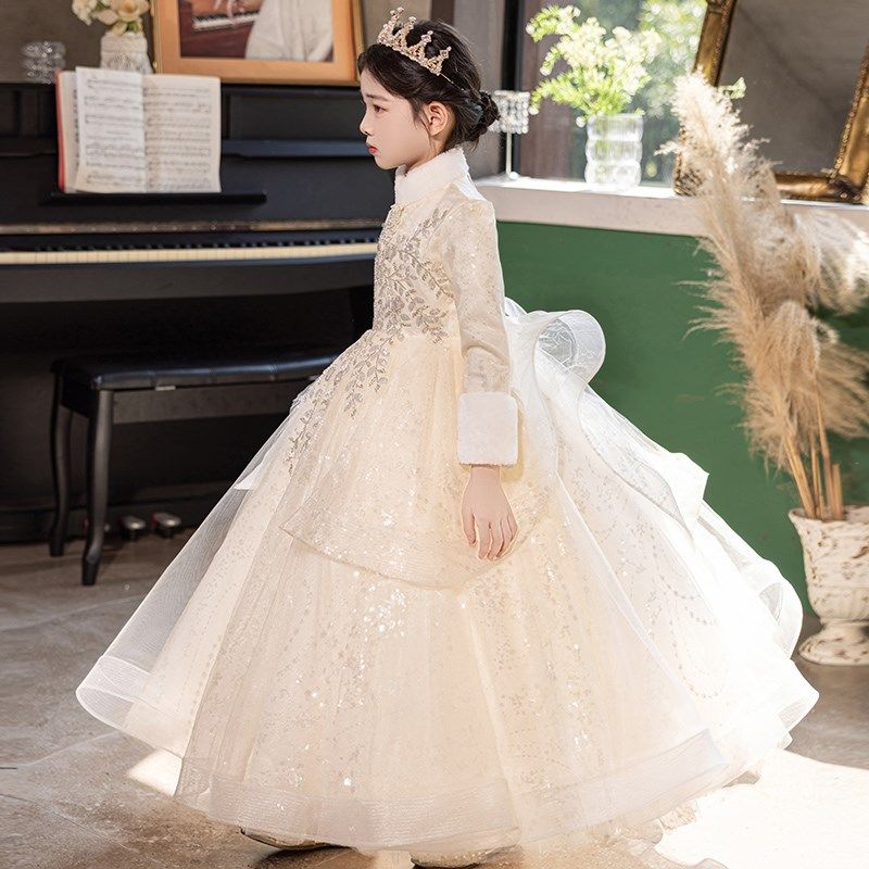 女童礼服高端加绒儿童钢琴演出服小女孩花童主持人加厚公主裙冬季