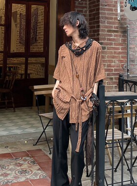 以休眠 夏季复古小众提花镂空肌理感新中式拼接绑带设计短袖衬衫