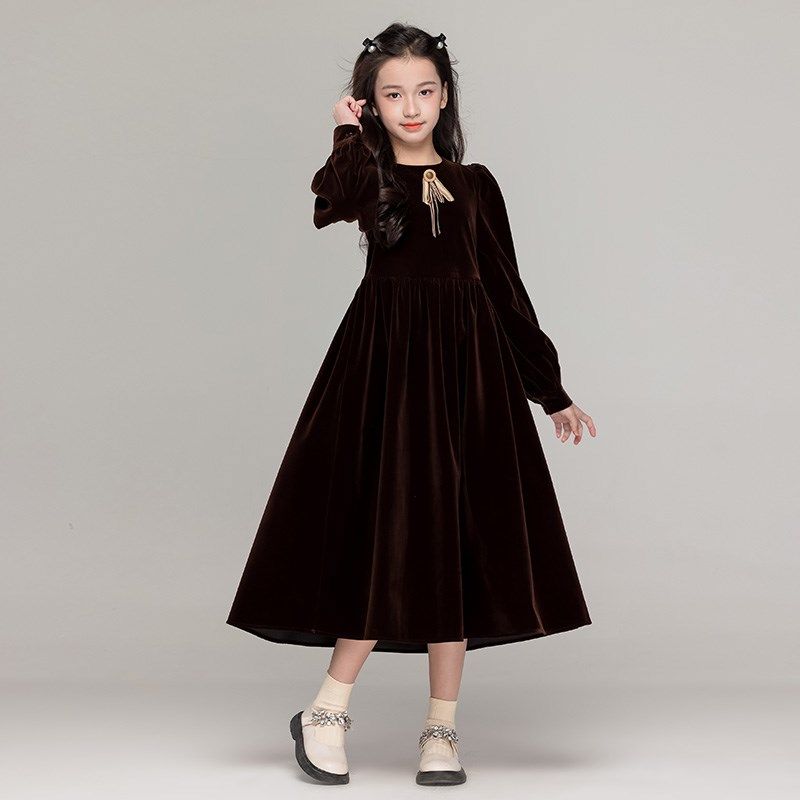 中大女童长袖连衣裙2025新款秋冬甜美洋气中长款女孩红色加绒裙子