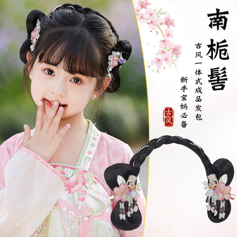 儿童汉服假发古风一体式发箍盘发发髻古装头饰蝴蝶结发包垫发造型