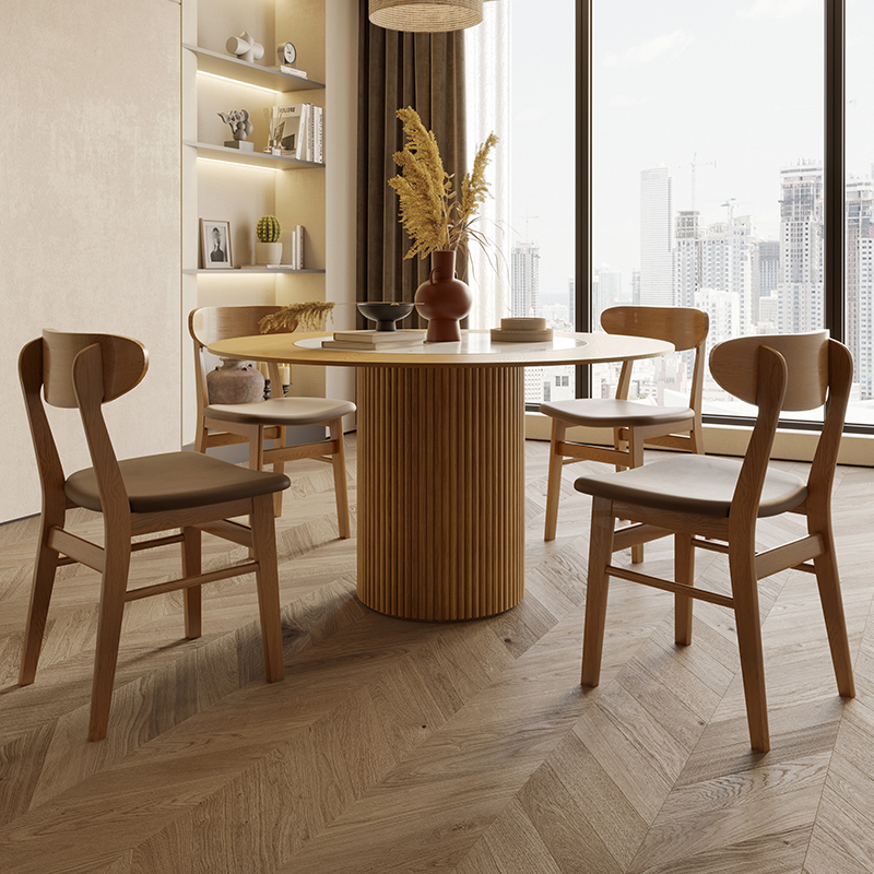 嵌入式转盘实木岩板餐桌侘寂风小户型圆餐桌带转盘简约家用木餐桌