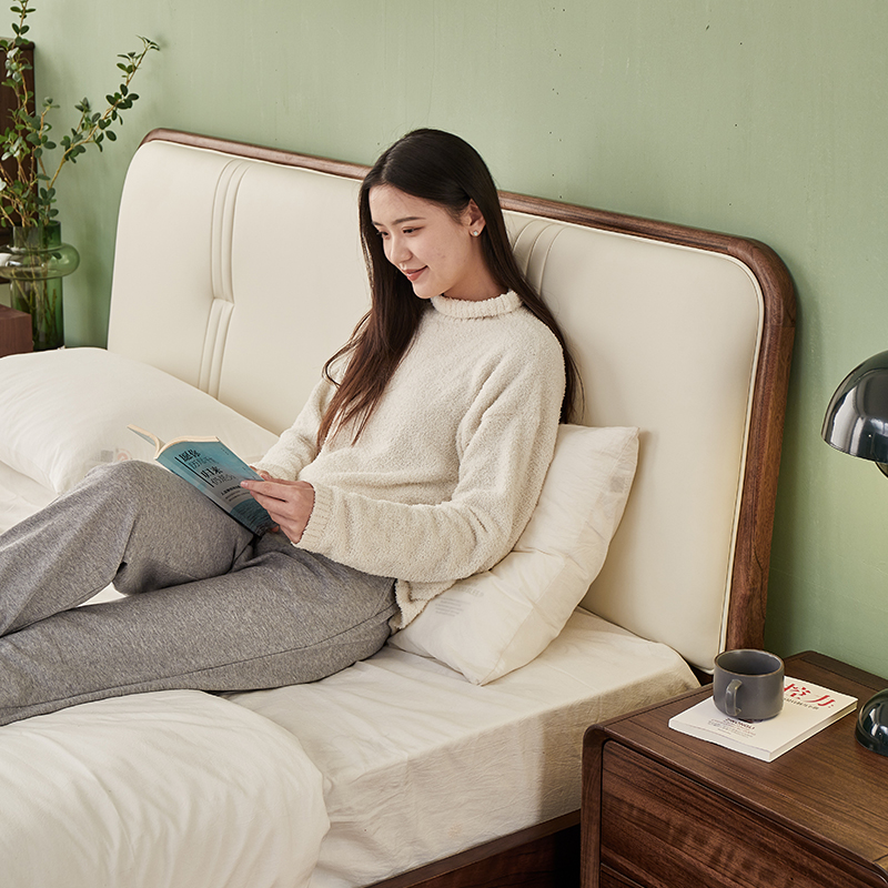 北欧简约黑胡桃木床全实木1.8米双人床1.5米框架床气压储物床卧室