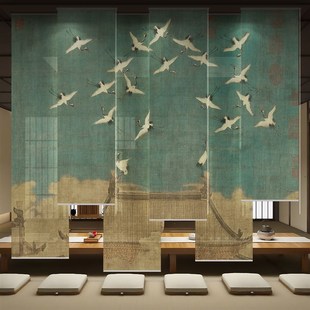 卷帘窗帘电动升降卷拉式客厅酒店半透明软屏风隔断瑞鹤图装饰挂帘