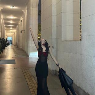 爱心丝绒性感鱼尾网纱裙女设计感长款 正品 度假海边多巴胺连衣裙沙