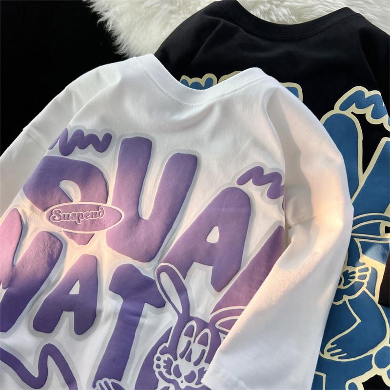 高货速发日系复古可爱印花兔子短袖t恤女2025宽松甜酷风小众情侣