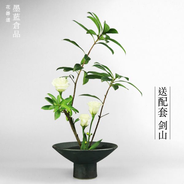 陶瓷禅意花器底座高脚花盘器皿 茶席日式中式花盆插花剑山插花器